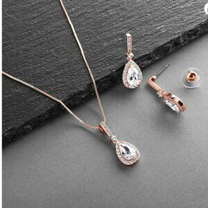 NWT Mariell Genuine CZ 14kt RGP Earrings+Necklace Set